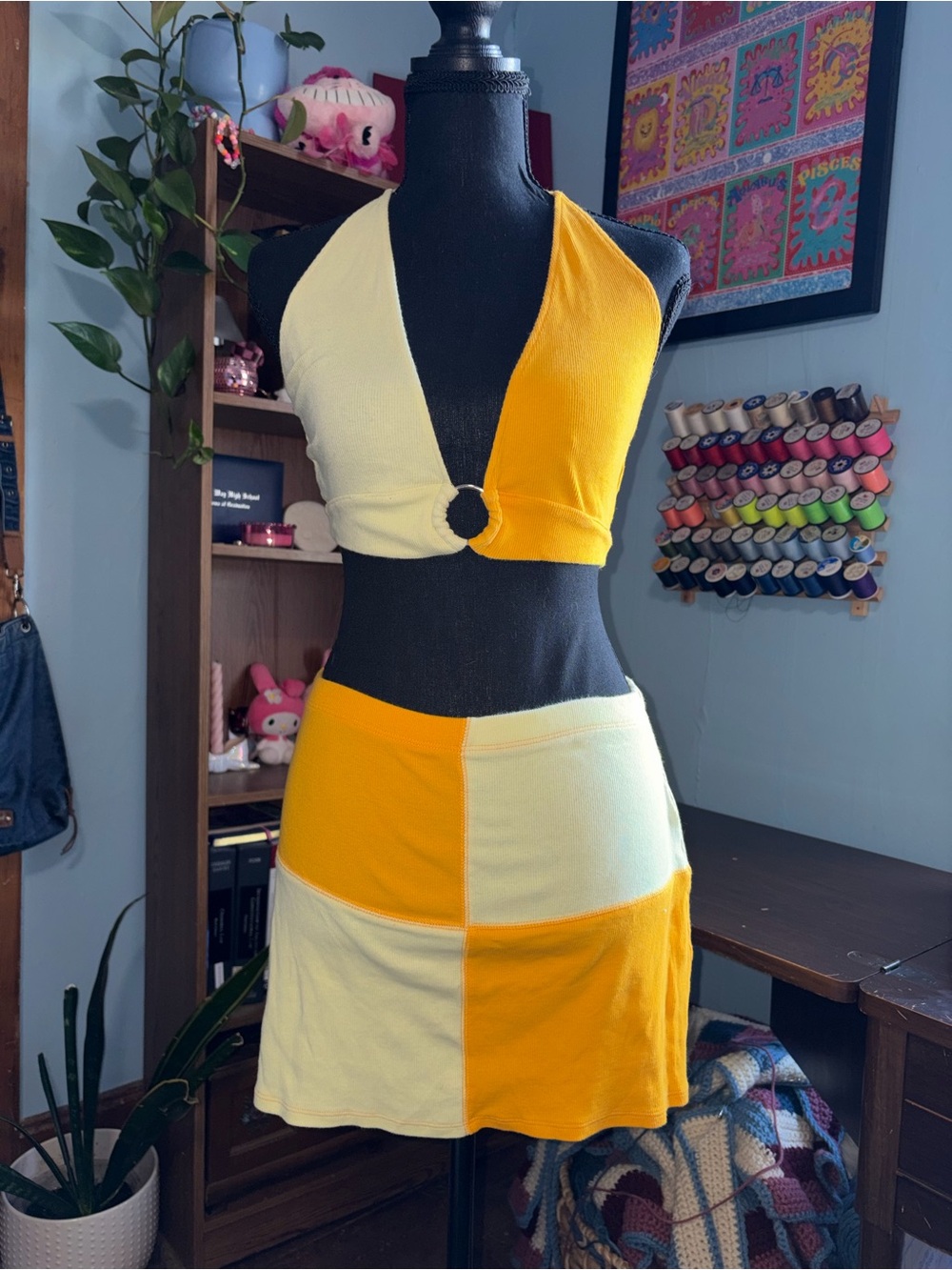 PacSun Colorblock Yellow & Cream Halter Crop Top with Mini Skirt Set